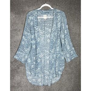 Knox Rose Crinkle Gauze Boho Open Front Duster‎ Cardigan Womens Sz Medium Blue